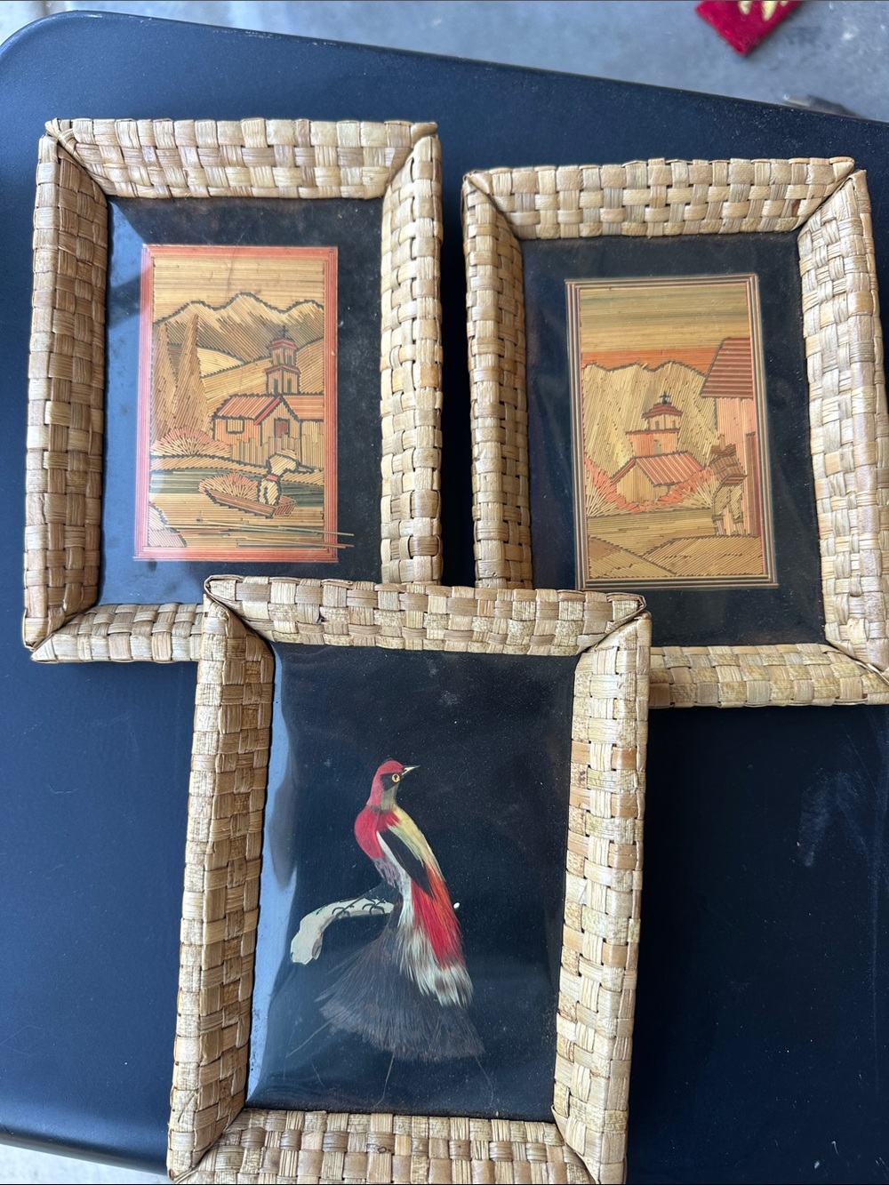 Woven Frame Wall Art Trio with Red Accent Bird and Scenic Prints